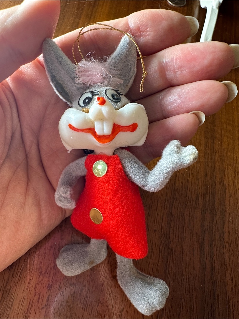 Vtg  1977 Warner Bros. Honey Bunny ornament - flocked gray felt body & red dress